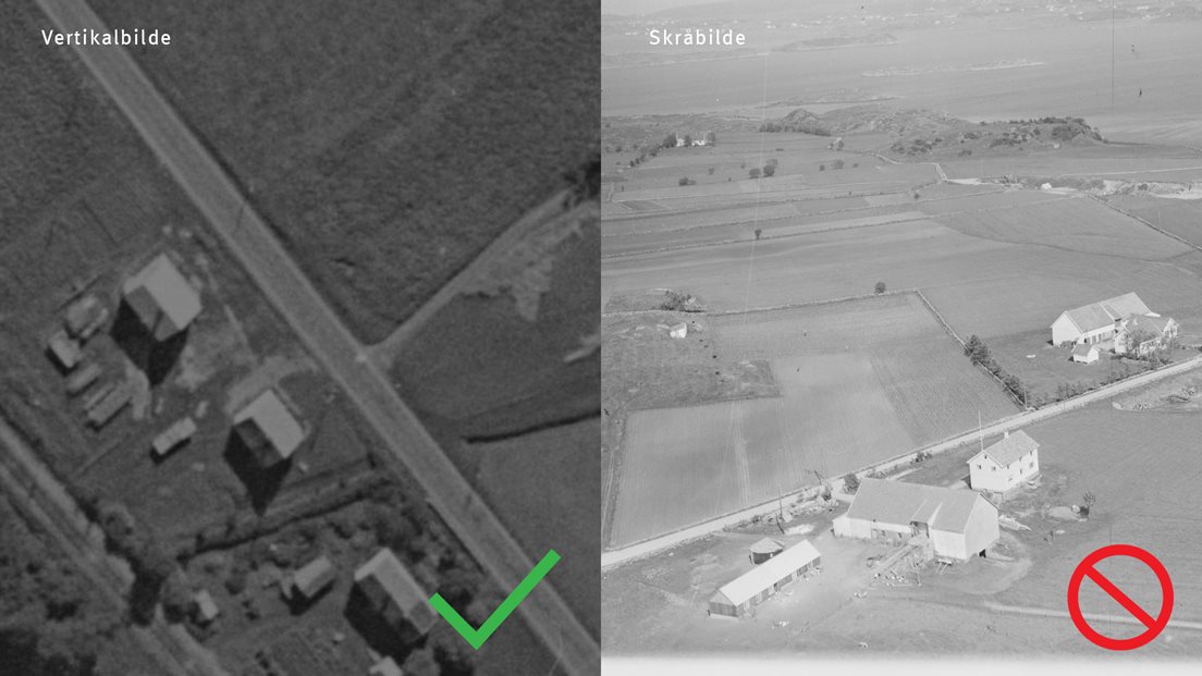 Sammenligning av flyfoto: Vertikalbilde vs. skråbilde.