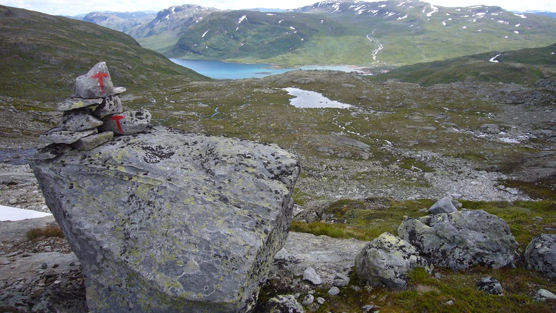 Rutemerking med rød T på sti i Jotunheimen