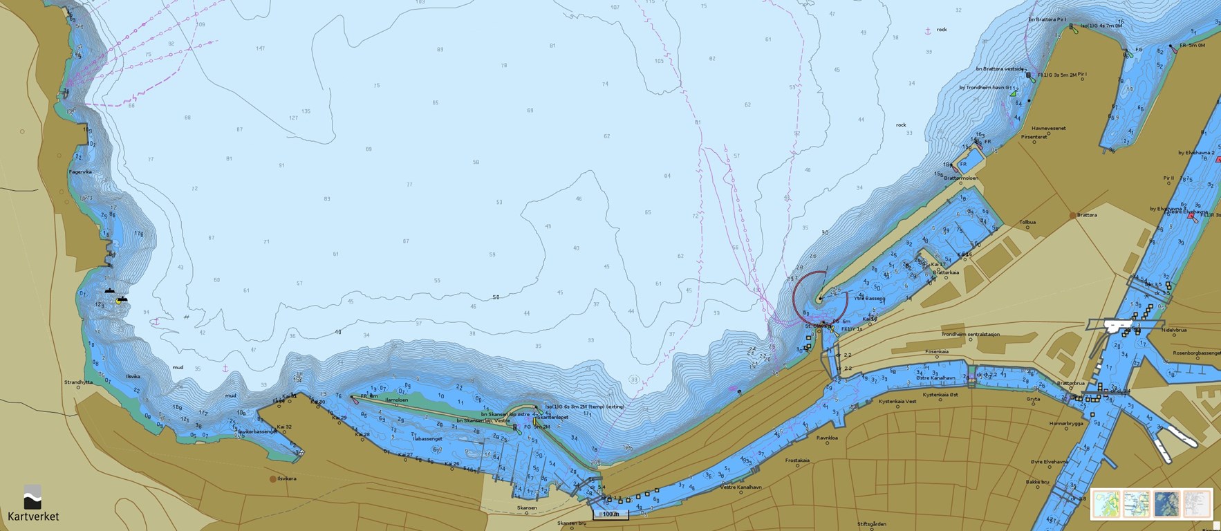 Utsnitt av elektronisk sj&oslash;kart (ENC) viser omr&aring;de i Trondheim Havn.