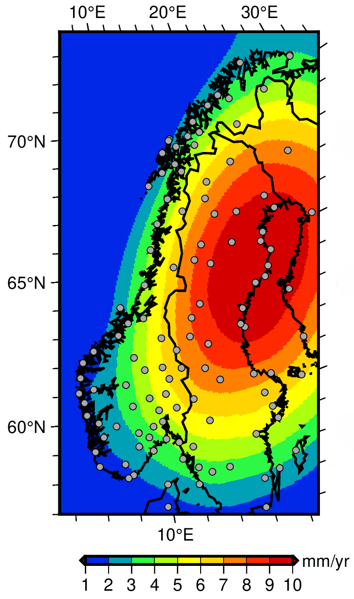 Kart som viser vertikal landbevegelse basert p&aring; den semi-empiriske NKG2016LU_abs-modellen (Vest&oslash;l et al., 2019). Gr&aring; prikker viser det permanente GNSS-nettverket (Kierulf et al., 2021).