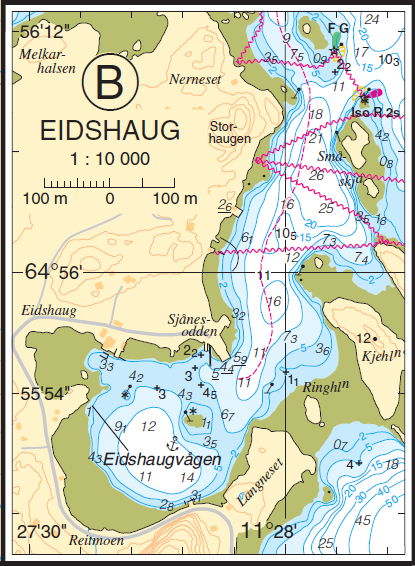 Utsnitt av spesial over Eidshaug fra sj&oslash;kart som dekker farvann i Tr&oslash;ndelag.
