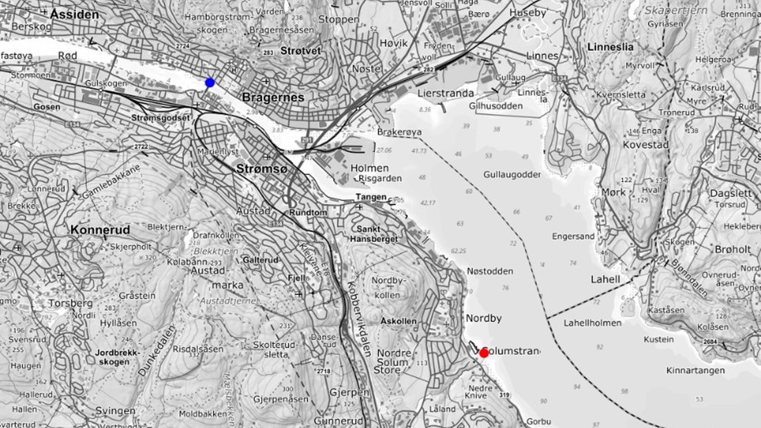 Figur 1: Kart over indre del av Drammensfjorden. Raud prikk viser vasstandsmålaren ved Solumstrand, blå prikk er den nedste målaren til NVE i Drammenselva.