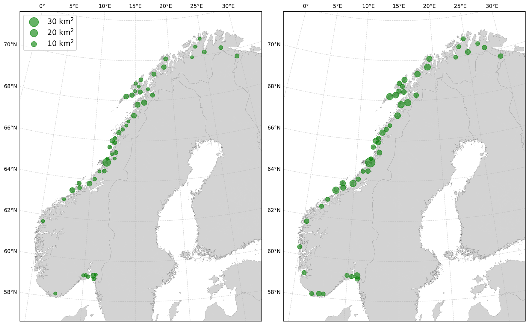 Norgeskart med mark&oslash;rer i ulik st&oslash;rrelse som representerer de 50 kommunene i Norge med st&oslash;rst areal utsatt ved 200-&aring;rs stormflo dersom denne inntreffer med dagens havniv&aring; og med havniv&aring; framskrevet til 2100. De fleste av de femti kommunene er &aring; finne p&aring; kysten av Nordlannd, men det er ogs&aring; en del kommuner i Troms og ytterst i Oslofjorden med store potensielt ber&oslash;rte landarealer. M&oslash;nsteret er mye det samme for de to havniv&aring;ene, men ber&oslash;rte arealer vil bli st&oslash;rre.