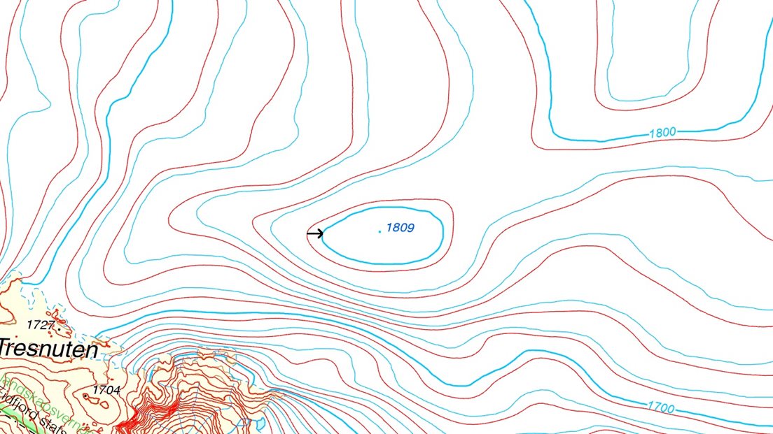Den sorte pilen mellom rød og blå kote viser en distanse på 105 meter, som er smeltet bort i perioden 2013 til 2019.