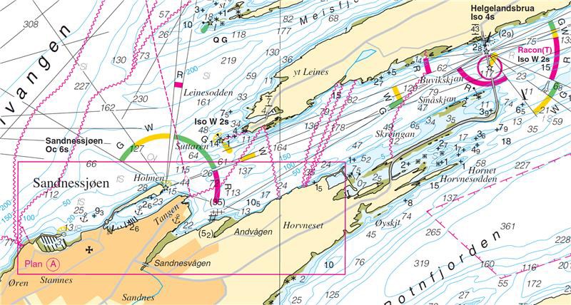 Utsnitt fra sjøkart viser område ved Sandnessjøen.