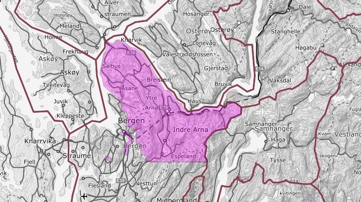 Kartutsnitt som viser prosjektområde for Bergen nord 2023 i rosa skravur