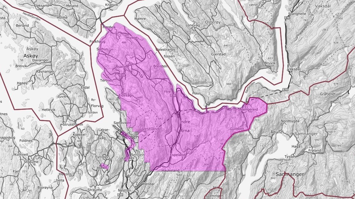 Kartutsnitt som viser prosjektområde for Bergen nord laser 2023 i rosa skravur