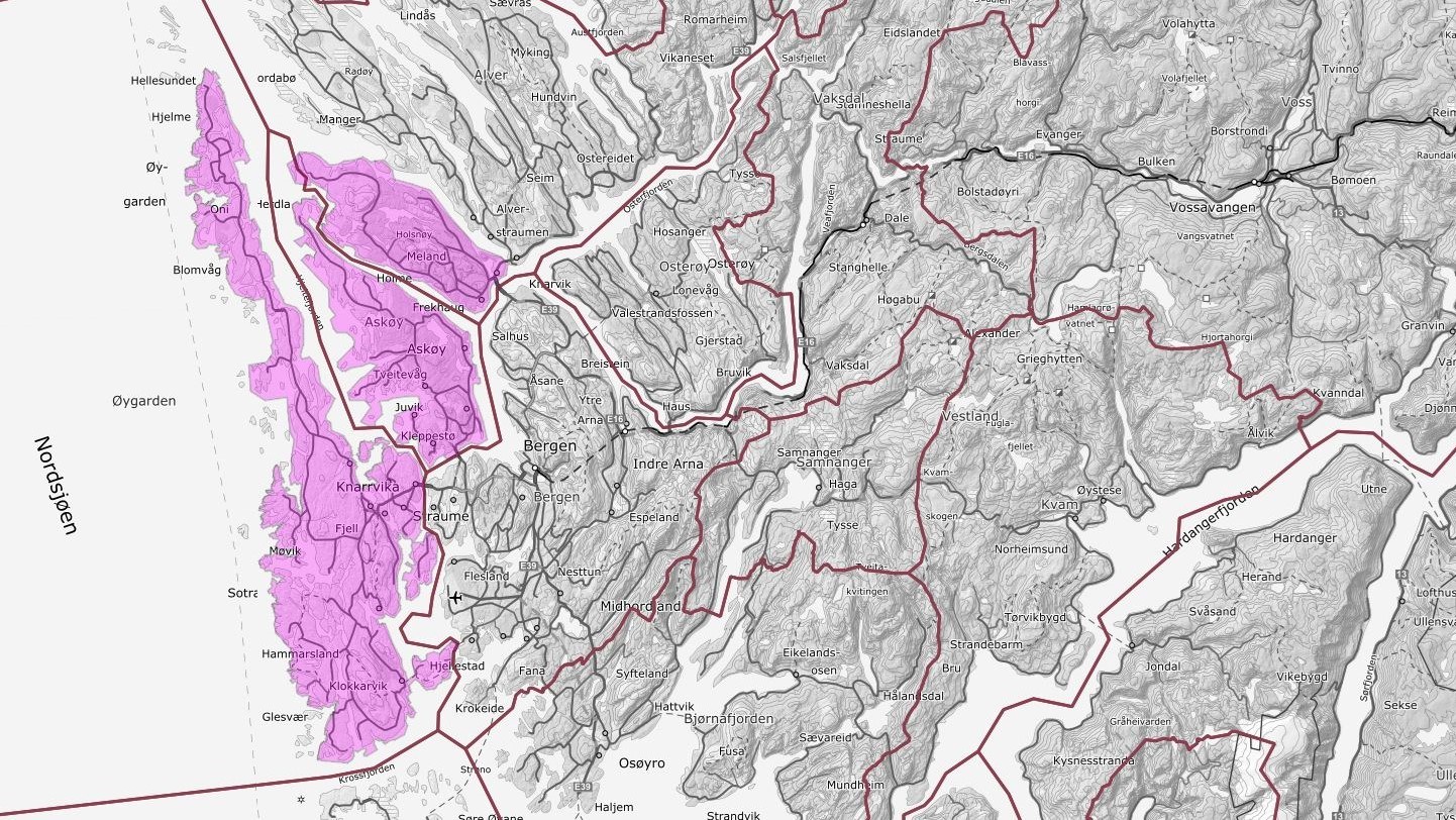 Kartutsnitt som viser prosjektområde for Øygarden Askøy Meland Laser 2023 i rosa skravur