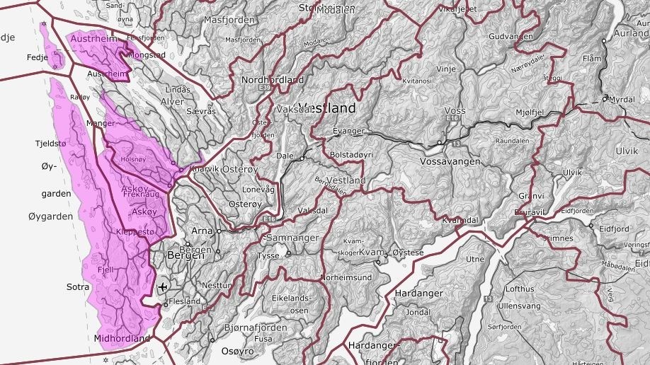 Kartutsnitt som viser prosjektområde for Ytre Hordaland 2023 i rosa skravur