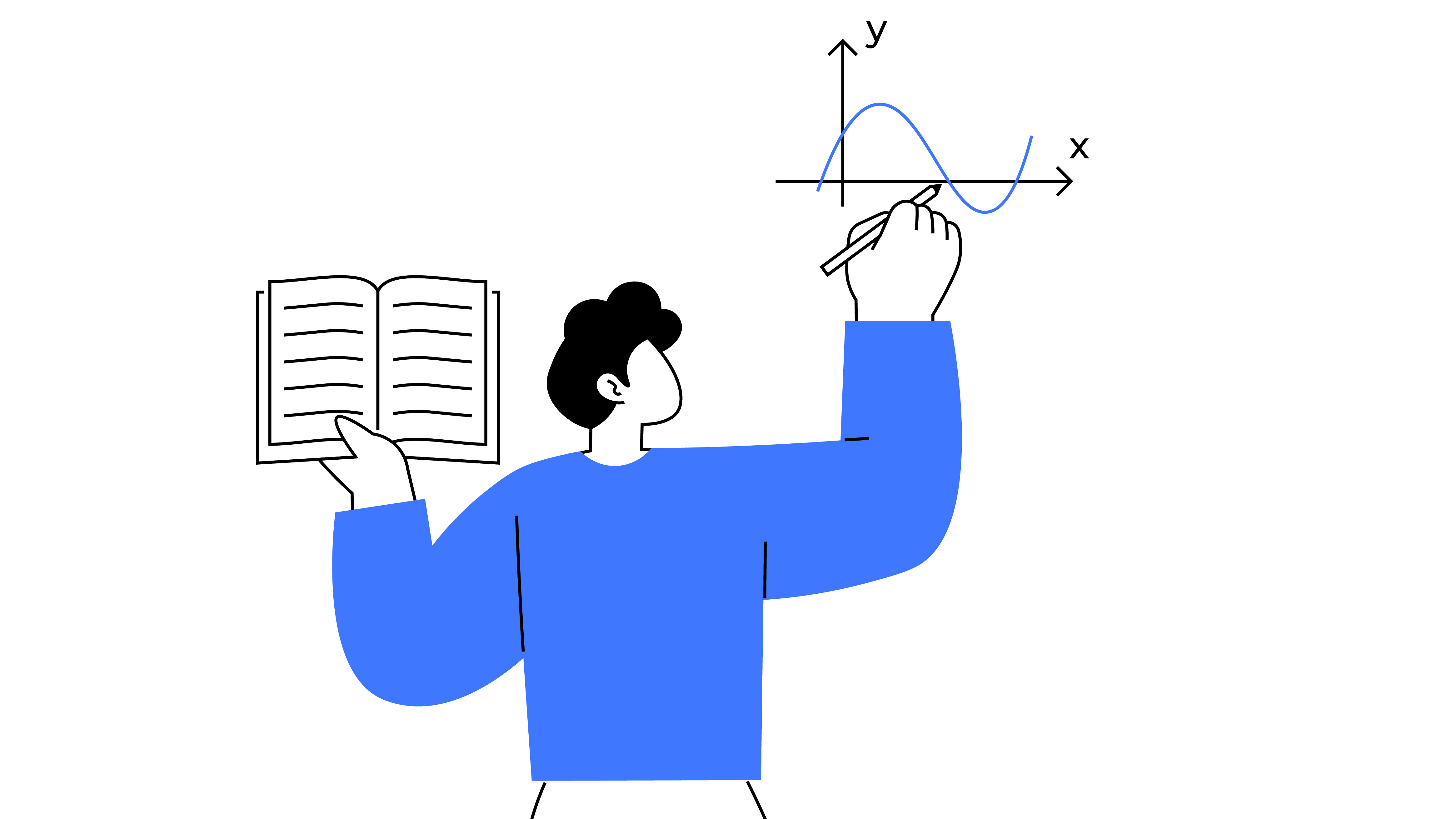 Grafisk framstilling av en person som holder ei bok mens hen tegner en sinuskurve p&aring; ei tavle.