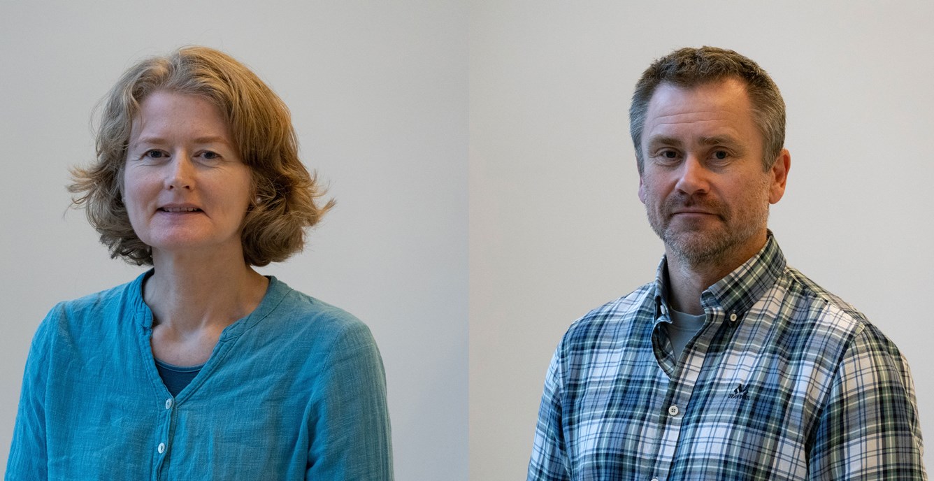 En kvinnelig og en mannlig ansatt i Kartverket. To bilder montert sammen.