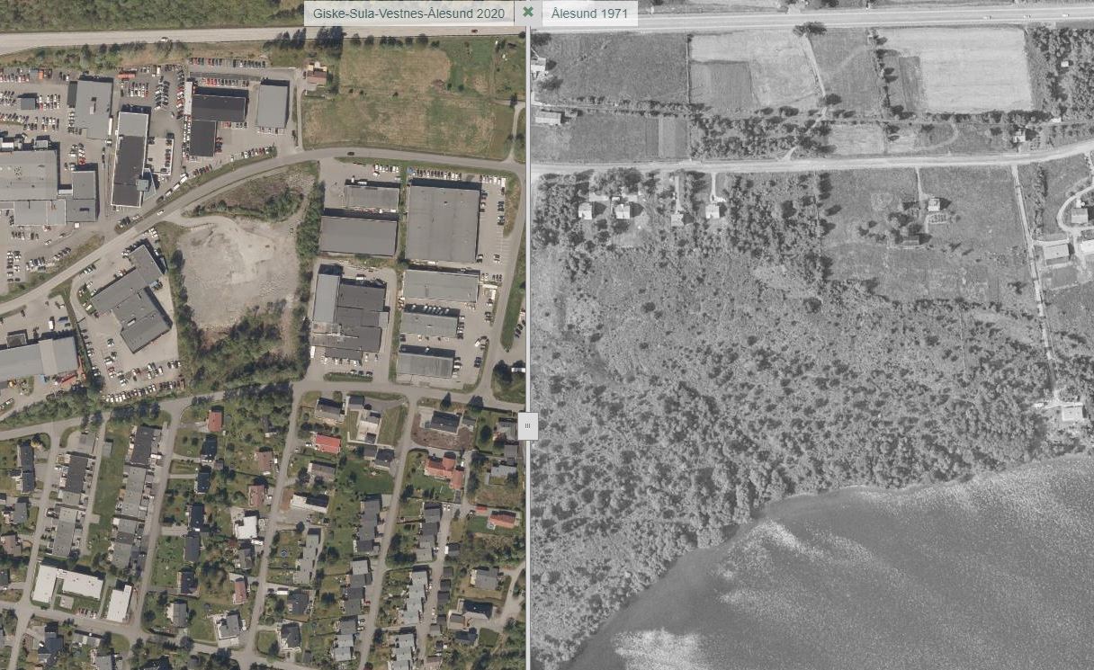 Samanlikning av nyare ortofoto frå 2020 (venstre) og historisk ortofoto fra 1971 (høgre).