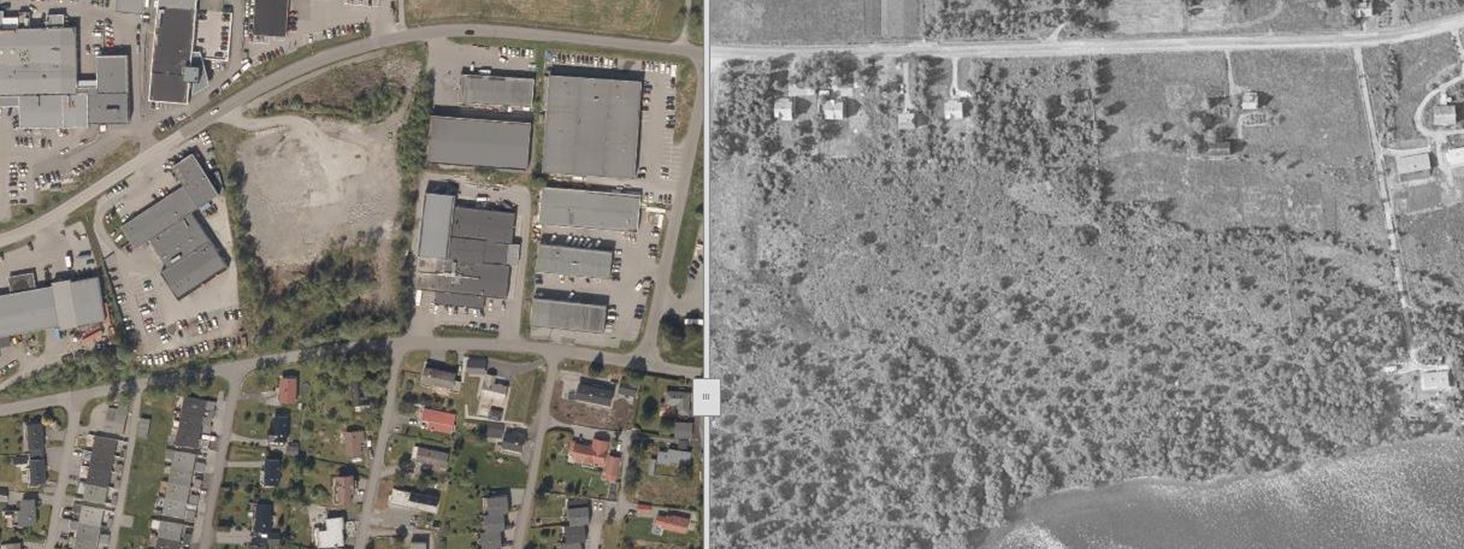 Samanlikning av nyare ortofoto frå 2020 (venstre) og historisk ortofoto fra 1971 (høgre).
