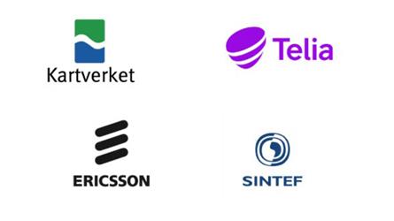 Logoene til Kartverket, Teila, Ericsson og Sintef.