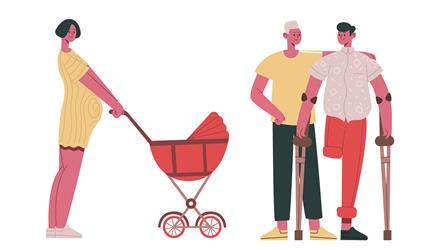 Illustrasjon av personer med behov for økt tilgjengelighet, med barnevogn og krykker