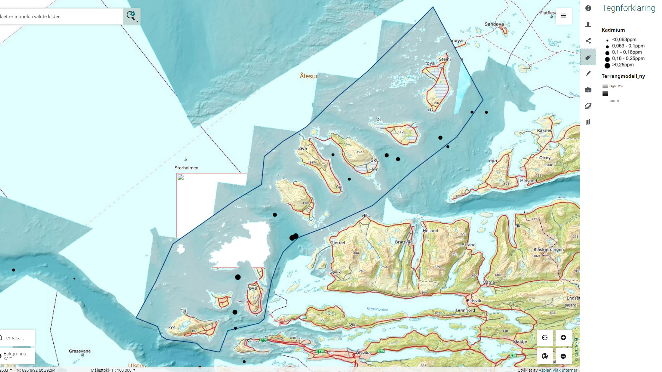 Utsnitt fra kart som viser konsentrasjon av tungmetallet kadmium i overflatesedimenter p&aring; sj&oslash;bunnen i &Aring;lesund og Giske.