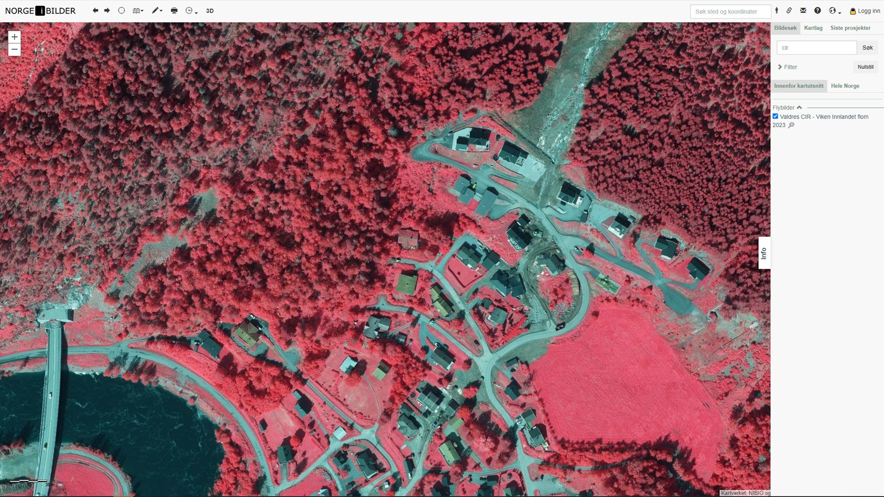 Infrarødt ortofoto på Norgeibilder.no av rasområde ved Bagn