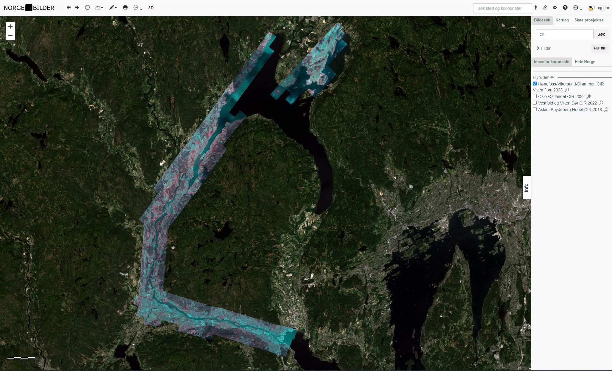 CIR-foto (infrar&oslash;dt ortofoto) som viser hvilke strekninger som er kartlagt langs Drammensvassdraget (skjermdump: Norgeibilder.no)