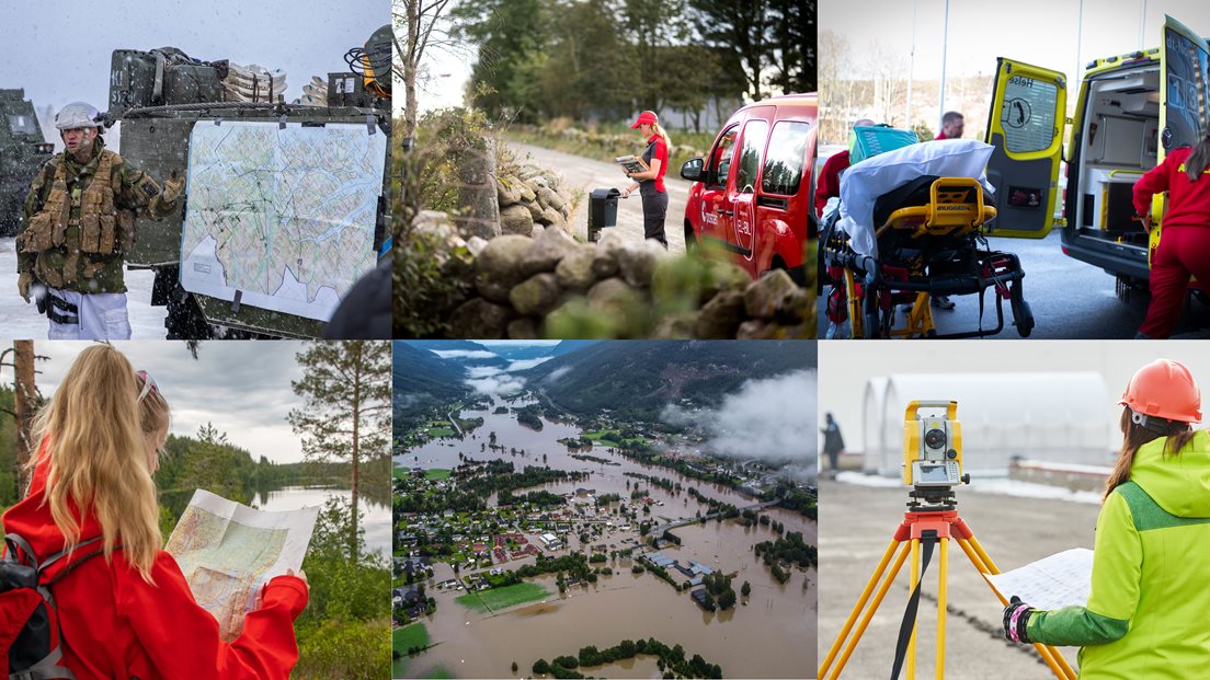 En kollasj av bilder med bruk av kart og kartdata, representert ved en militærøvelse,dronefoto av flom, oppmålingsarbeid, bruk av turkart, postombæring og ambulansearbeid.