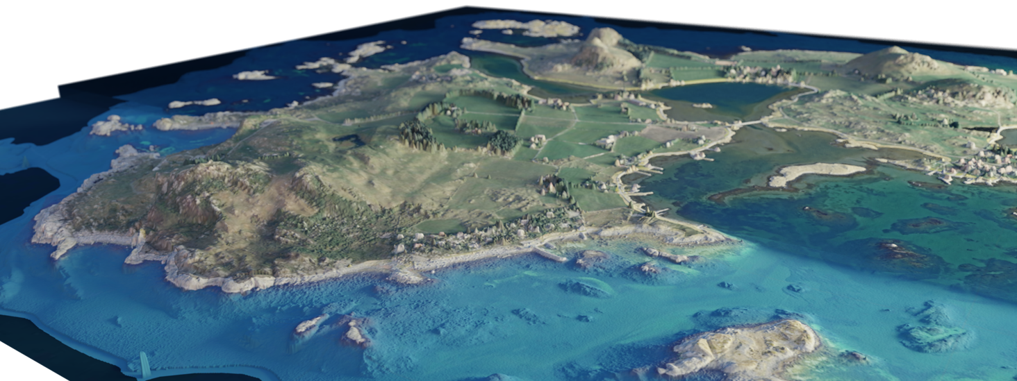 Terrengmodell av Fjøløy og Klosterøy i Stavanger, basert på laserdata fra land og sjø, og fargelagt ved hjelp av flybilder. Kilde: Kartverket