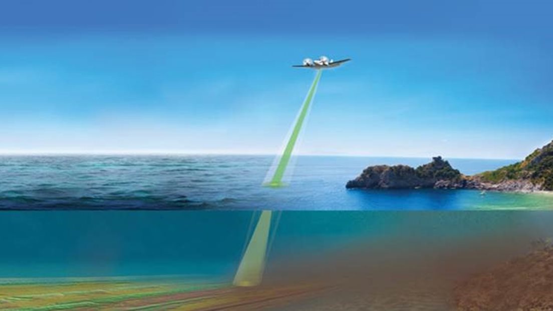 GRØN LASER: Slik blir grøn laser brukt til å kartlegge sjøbotnen på grunne område. Illustrasjon: Teledyne Optech