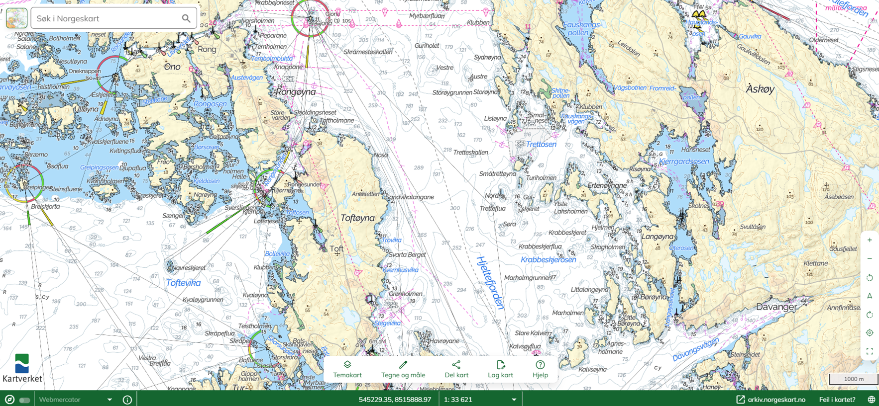 Skjermdump fra norgeskart.no viser nautisk bakgrunnskart.