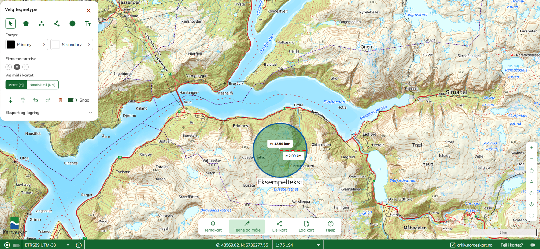 Skjermdump fra norgeskart viser ny tegnefunksjon i tjenesten.