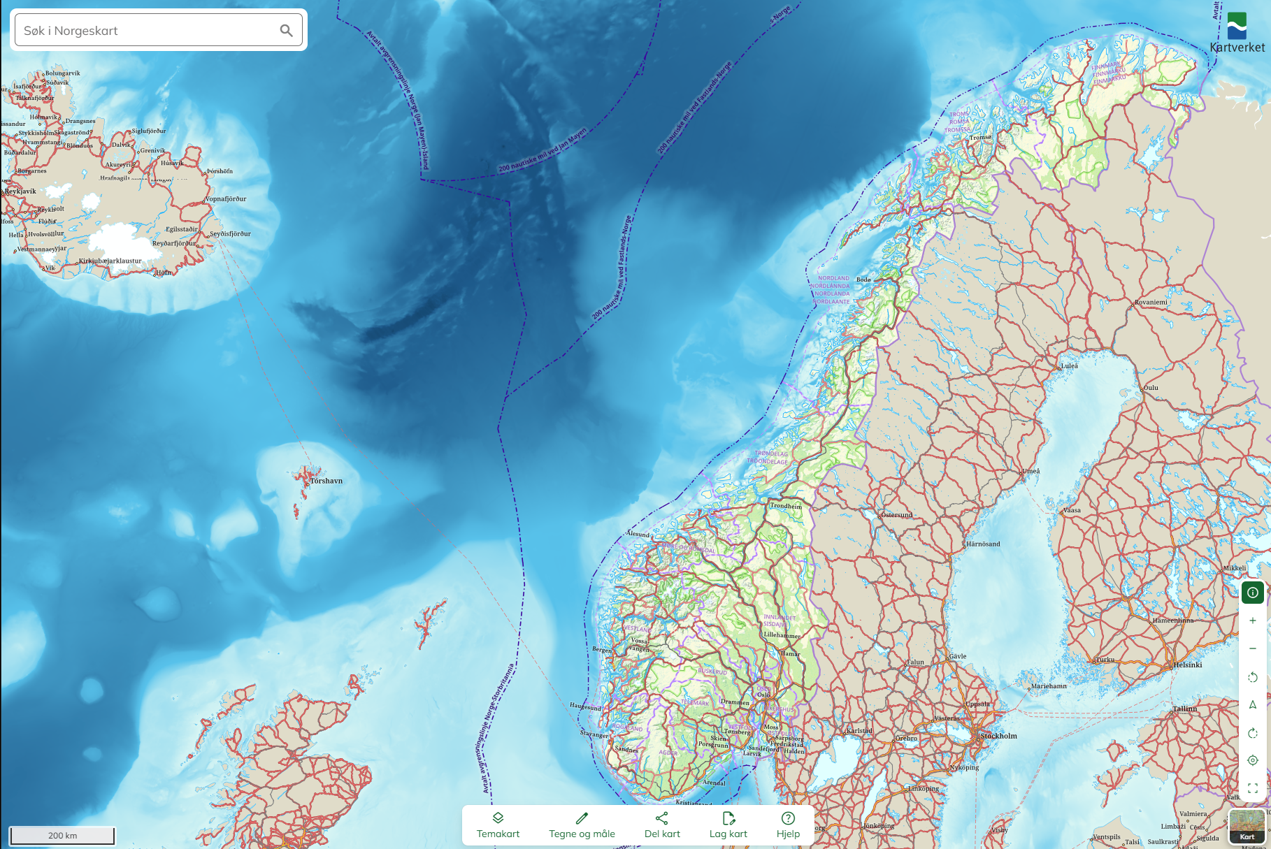 Skjermdump av topografisk bakgrunnskart som viser hele kongeriket Norge.