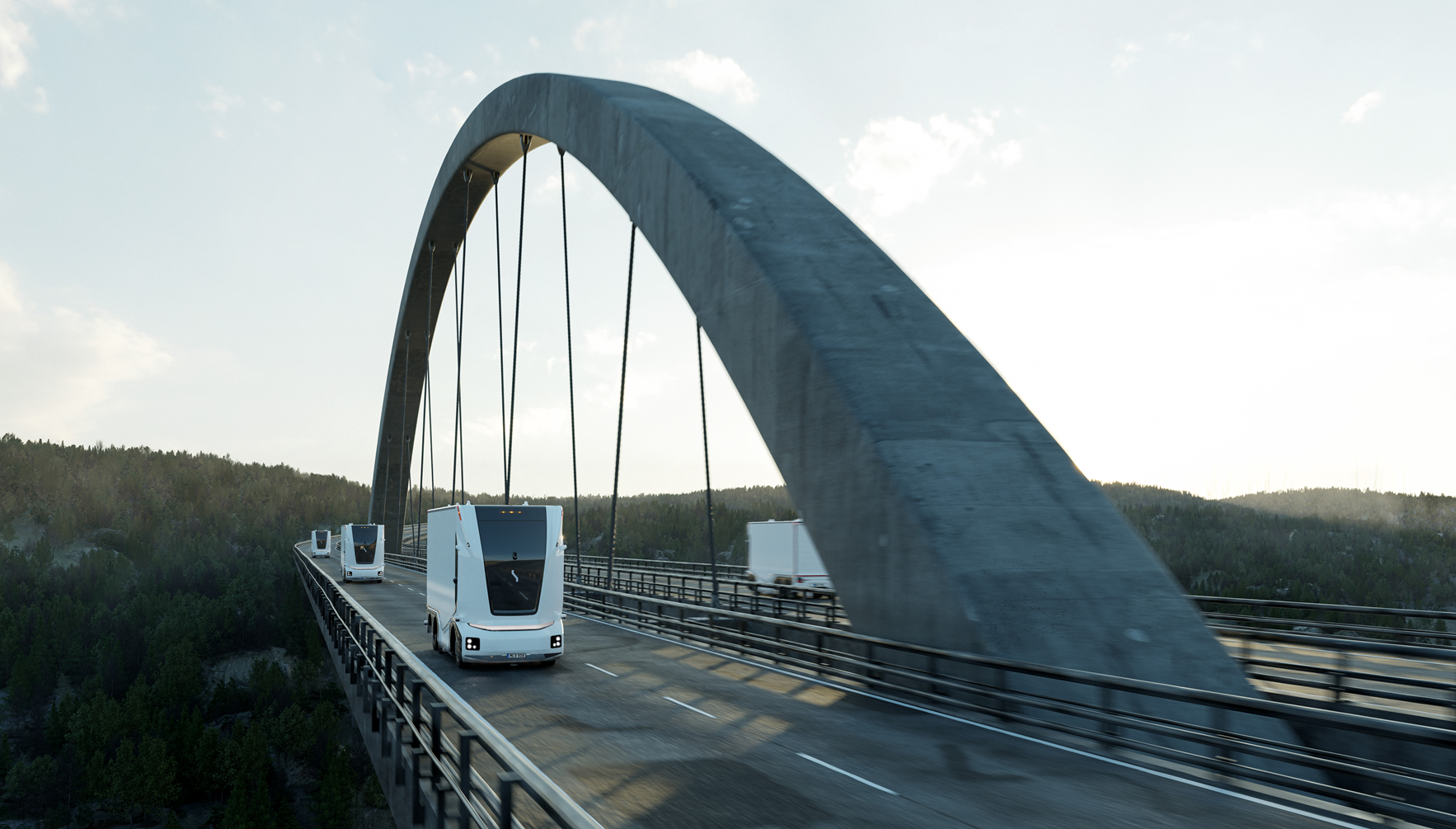 Automatiserte Einride-lastebiler illustrert p&aring; Svinesund-brua. Foto: Einride
