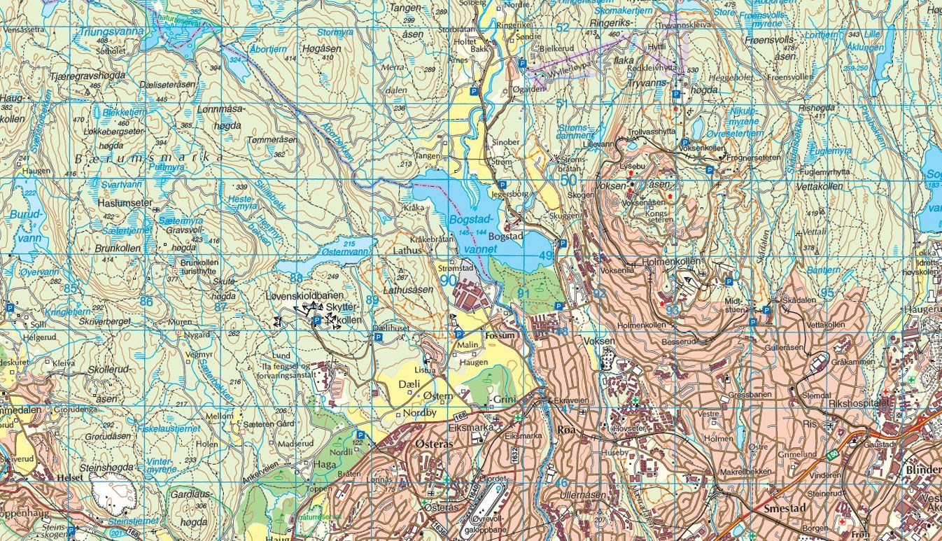 Skjermdump av Norge 1-50:000 Bærumsmarka Sognsvann