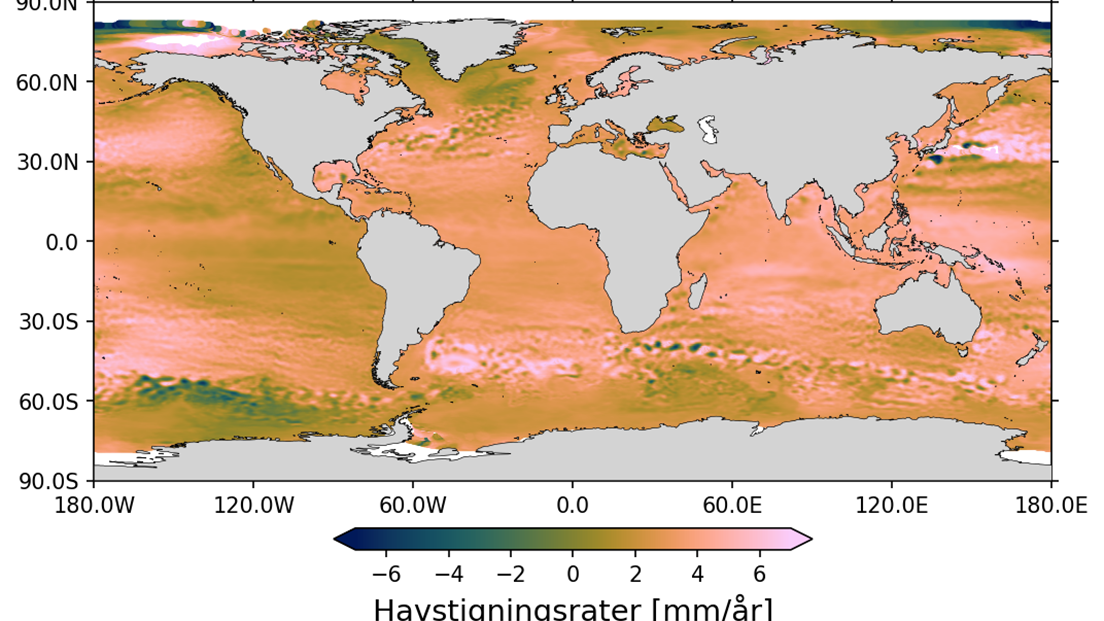 FIGUR 2: Lokale havstigningsrater observert med TOPEX/POSEIDON, Jason-1, OSTM/Jason-2 og Jason-3 fra 1993 til 2023. Kilde: Kartverket