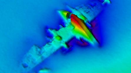 Terrengmodellbilde av flyvrak fra 2. verdenskrig på havbunnen på Svalbard. Kilde: Kartverket