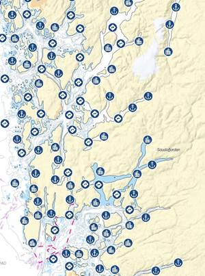 Kartillustrasjon som viser symbol brukt i den digitale tenesta og farvatnskildringa Den norske los.