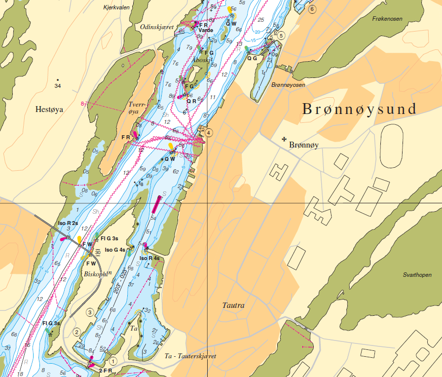 Utsnitt fra sj&oslash;kart som viser Br&oslash;nn&oslash;ysund havn.