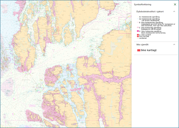 Kartutsnitt over Sognesj&oslash;en som angir kvaliteten p&aring; dybdedata med r&oslash;d farge