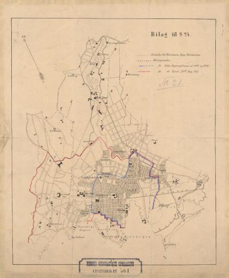 Kristiania amt nr 61: Kart over Christiania Bys Territorium med paalagte Grændser for Murgrændserne