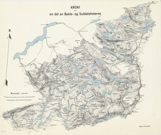 Kroki over en del av Bykle- og Suldalsheierne