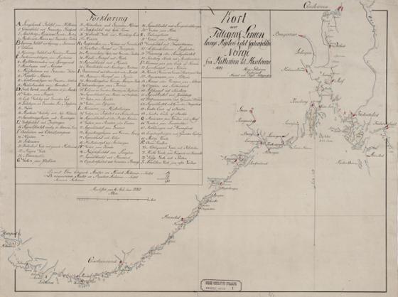 Spesielle kart 1: Kort over Tellegraf Linien langs Kysten i det Sydenfjeldske Norge fra Hitterøen til Hvaløerne
