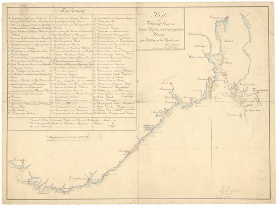 Museumskart 1: Kort over Tellegraf Linien langs Kysten i det sydenfieldske Norge fra Hitterøen til Hvaløerne