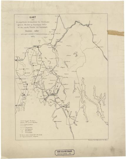 Spesielle kart 12: Kart over de projecterede Jernbanelinier fra Christiania gjennem Akershus og Smaalenenes Amter