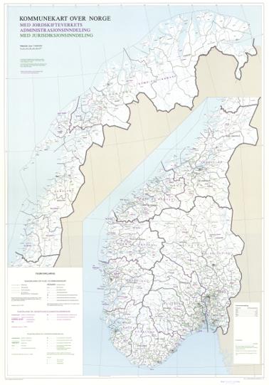 Spesielle kart 166: Kommunekart over Norge med Jordskifteverkets administrasjonsinneling med jurisdiksjonsinndeling
