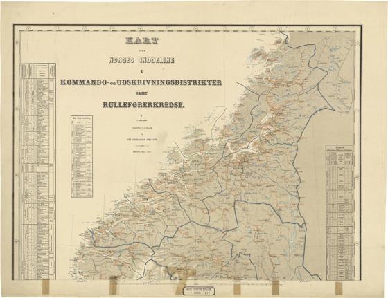 Norge 177 nord: Kart over Norges Inddeling i Kommando- og Udskrivningsdistrikter samt Rulleførerkredse