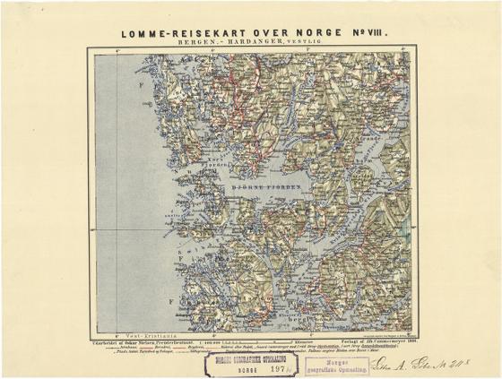 Norge 197h: Reisekarter over Dele av Norge. Bergen-Hardanger-Graven-Ulvik-Vossevangen.