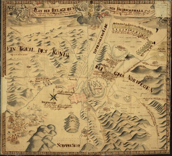 Smålenenes amt nr 20: Plan der Belagerung von Fridrichshall. Situasjonskart over beleiringen av Fredrikshald i 1718.