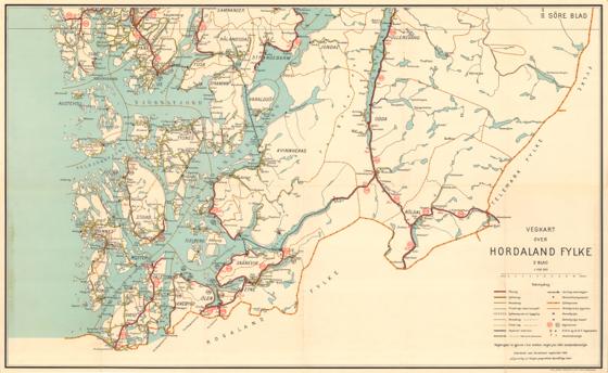 Søndre Bergenhus amt nr 30 sør: Vegkart over Hordaland fylke